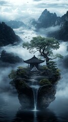 Ethereal mountain sanctuary of an immortal sage, hyper-realistic photo, misty peaks floating among clouds, ancient gnarled pine trees, a humble thatched hermitage perched on a cliff, glowing chi energ