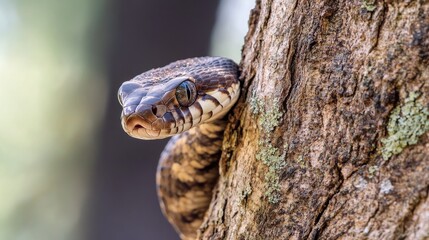 Naklejka premium A snake wrapped around a tree trunk, with its head peeking out from behind the bark, showcasing its stealth and agility.