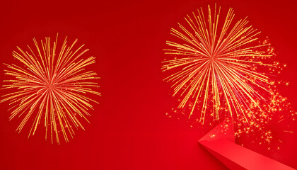 Gold fireworks celebration on red background isolated with white highlights, png