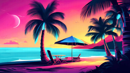 Vibrant sunset over a tropical beach with palm trees, hammocks, and lounge chairs. Ocean view vacations in neon colors