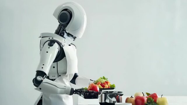 Robot domestic assistance chef cooks food in the kitchen. Artificial intelligence helps people with housework. Healthy lunch breakfast dinner with vegetables