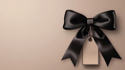 A black bow with a tag attached to it on beige background, AI