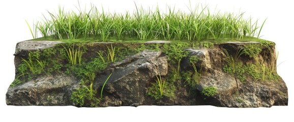 Fototapeta premium A 3D Rendered Rock Formation with Lush Green Grass on Top, Isolated on a White Background.