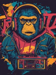 Obraz premium Retro Hip-Hop Ape. Boombox Beats and Graffiti Streets