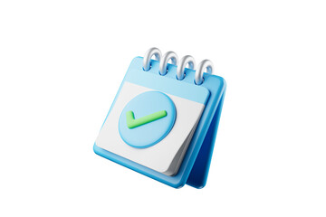 3D calendar icon showing date and time for meeting reminders. Calendar with 3D check mark for appointments, due dates, holiday planning. 3D calendar illustration.