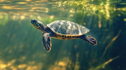 Obraz premium A turtle swimming in a clear pond, with its legs moving gracefully and its shell gliding through the water