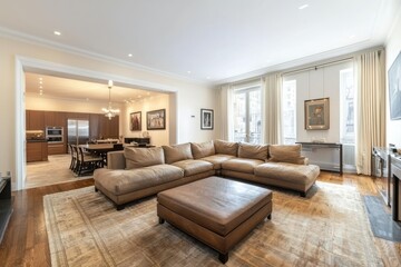 This is a picture of a large American living room, a bright space with a brown four-seater small U-shaped matte leather sofa in the middle, black feet, and a coffee table