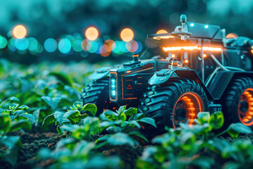 Futuristic drone tractor with glowing lights navigating through a lush vegetable field at dusk. Concepts of agricultural technology, automation, and crop management.