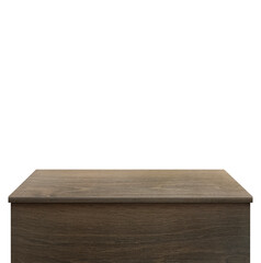 Empty wooden table front view on white background.