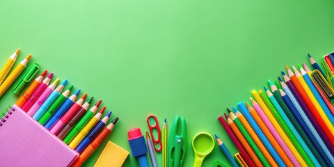 Fototapeta premium Vibrant of school supplies on green background, back to school, gear up, education, classroom, colorful, stationary, backpack