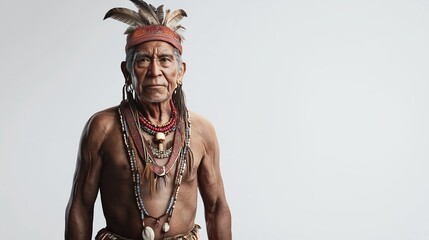 Elderly man wearing traditional tribal attire with feathers and jewelry indoors