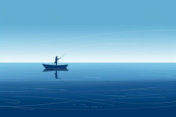 A fisherman standing in a small boat, casting a line into a calm blue sea under a clear sky, minimalistic scene emphasizes, vastness of the ocean and the solitude of the fisherman.