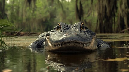 Fototapeta premium An alligator resting on the banks of a swamp, with its eyes and nostrils barely above the water, depicting the stealthy nature of reptiles.