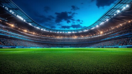 A large empty stadium with fans shouting enthusiastically before the match. Brightly lit lawn ready for the game.