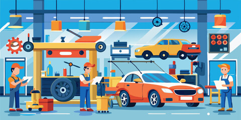 Car service and repair. Auto workshop interior, mechanics men service vehicles. Vector illustration
