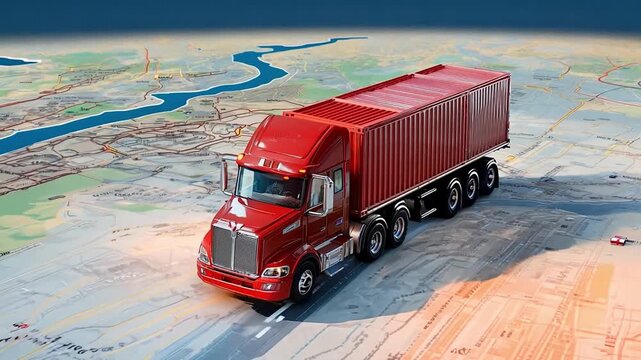 A red toy truck is positioned on a map, emphasizing routes and navigation for transport and logistics planning.