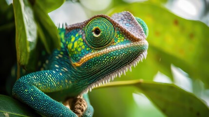 Fototapeta premium Close-up of a chameleon with its eyes moving independently, perched on a branch, showcasing its unique camouflage abilities.