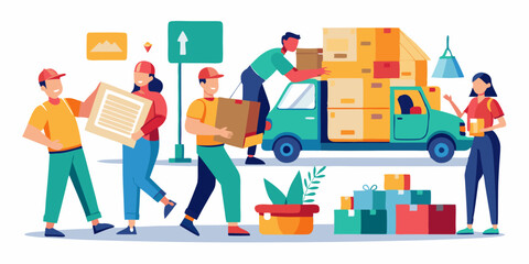 Movers and delivery workers carrying boxes and furniture. Moving house, people packing things into boxes
