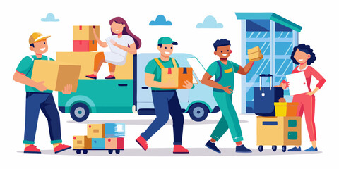 Movers and delivery workers carrying boxes and furniture. Moving house, people packing things into boxes
