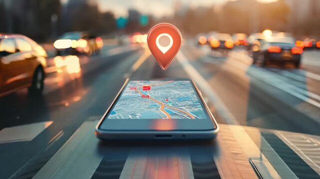 A smartphone rests on a city street with a navigation map visible and a location pin above, as vehicles drive by during twilight.