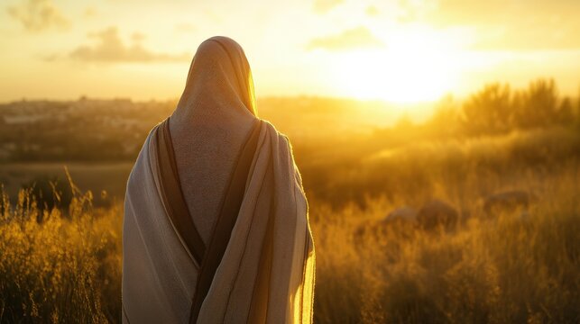 A Jewish man stands quietly, reciting the Shema as the sun sets, creating a serene atmosphere in a natural setting