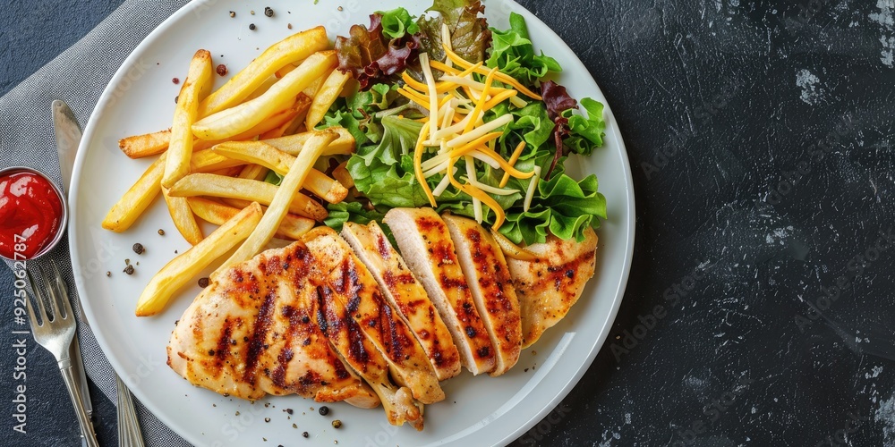 Wall mural grilled chicken with french fries cheese and green salad on a white plate