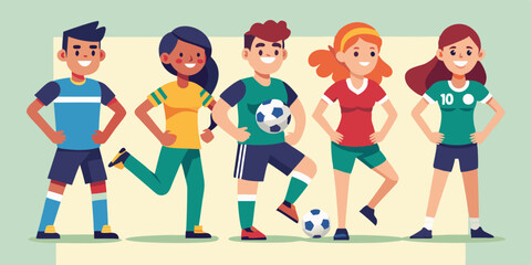 Set of soccer player characters. Men and women in sportswear playing football on an isolated background
