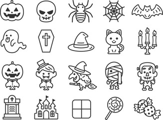 ハロウィンのアイコン（線画）のイラストセット