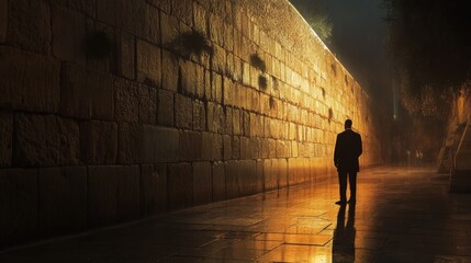 Naklejka premium A Jewish man stands still beside the Western Wall, embracing the tranquility of the evening as soft light illuminates the historic stones