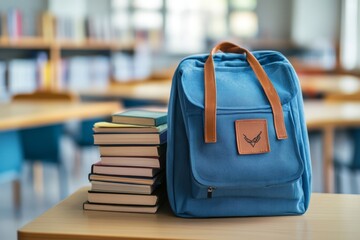 Back to school background with A classic school backpack in vibrant colors with a stack of books