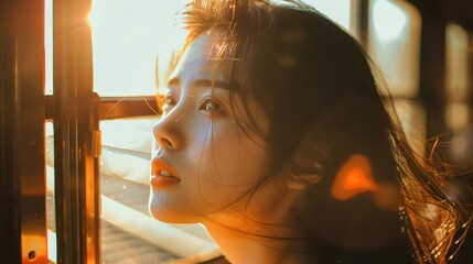 A pensive woman gazes out of a window with sunlight streaming in, evoking emotions of contemplation and hope, Suitable for use in lifestyle, travel, or inspirational content,