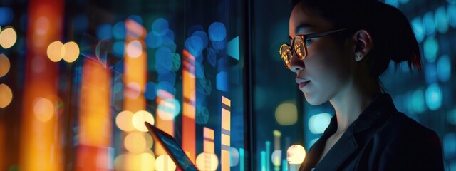 Focused businesswoman in glasses analyzing data on tablet with colorful bar charts in background. Concepts of data analysis, technology, and modern business practices.
