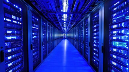 Illuminated Rows of Server Racks in Modern Data Center with Blue LED Lights