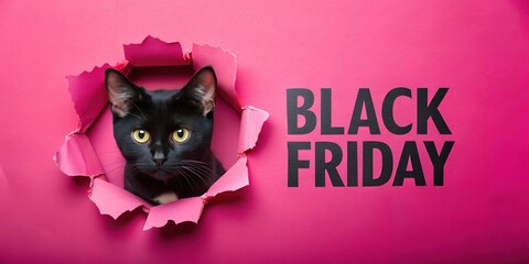Black Friday promotion banner with black cat tearing hole in pink paper background and copy space