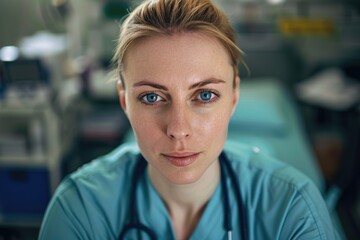 Fototapeta premium A nurse in a hospital or medical facility, ready to provide patient care and assistance.