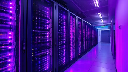 Fototapeta premium Data Security: Rows of Server Racks with Glowing LED Indicators in a High-Tech Data Center