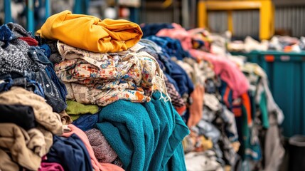Obraz premium Various textiles and garments piled up in a recycling center, highlighting the issues of clothing waste and the benefits of sustainable fashion practices