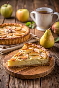 Rebanada de tarta de manzana y pera servida en un plato redondo de madera, acompa&ntilde;ada de una taza de t&eacute;, con frutas frescas en el fondo.