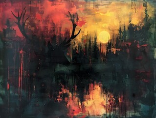 Abstract Forest Silhouette with Sun.