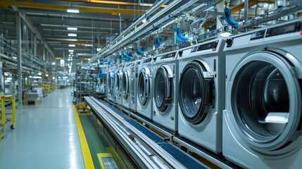 Obraz premium Automated production line assembling washing machines in a modern factory