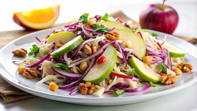 Ensalada colorida de col, manzanas, nueces y cebolla roja en un plato blanco, decorada con hojas de perejil fresco.