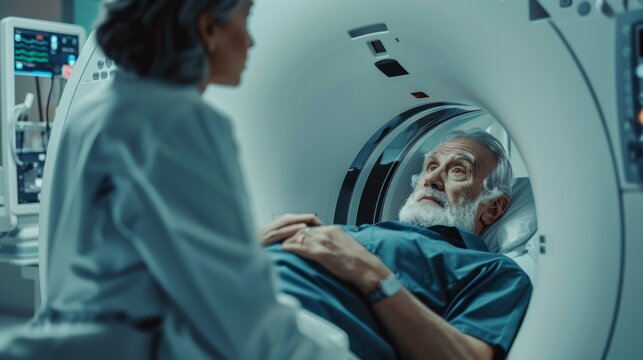 A caring medical professional engages with an elderly patient undergoing a CT scan in a state-of-the-art healthcare facility