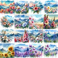 flowers. Watercolor splash style. AI generated illustration