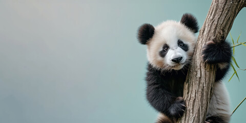 Fototapeta premium Adorable Baby Panda Climbing a Tree Against a Gentle Gradient Background