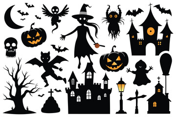 Collection of Halloween vector silhouettes on a white background.