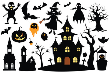 Collection of Halloween vector silhouettes on a white background.