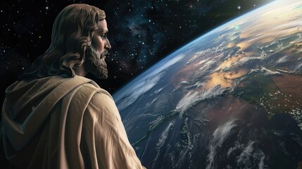 Savior figure overlooking earth from the cosmos, symbolizing spiritual unity and hope.
