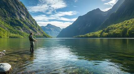 Trout Fishing Bliss: Man at Mountain in Tasmanian Landscape