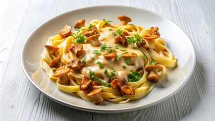  Plato de fettuccine con salsa cremosa y rebozuelos, decorado con perejil fresco y servido sobre una mesa blanca.