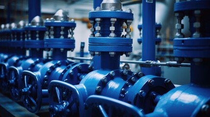 Blue pipes on a production line with machinery and equipment.